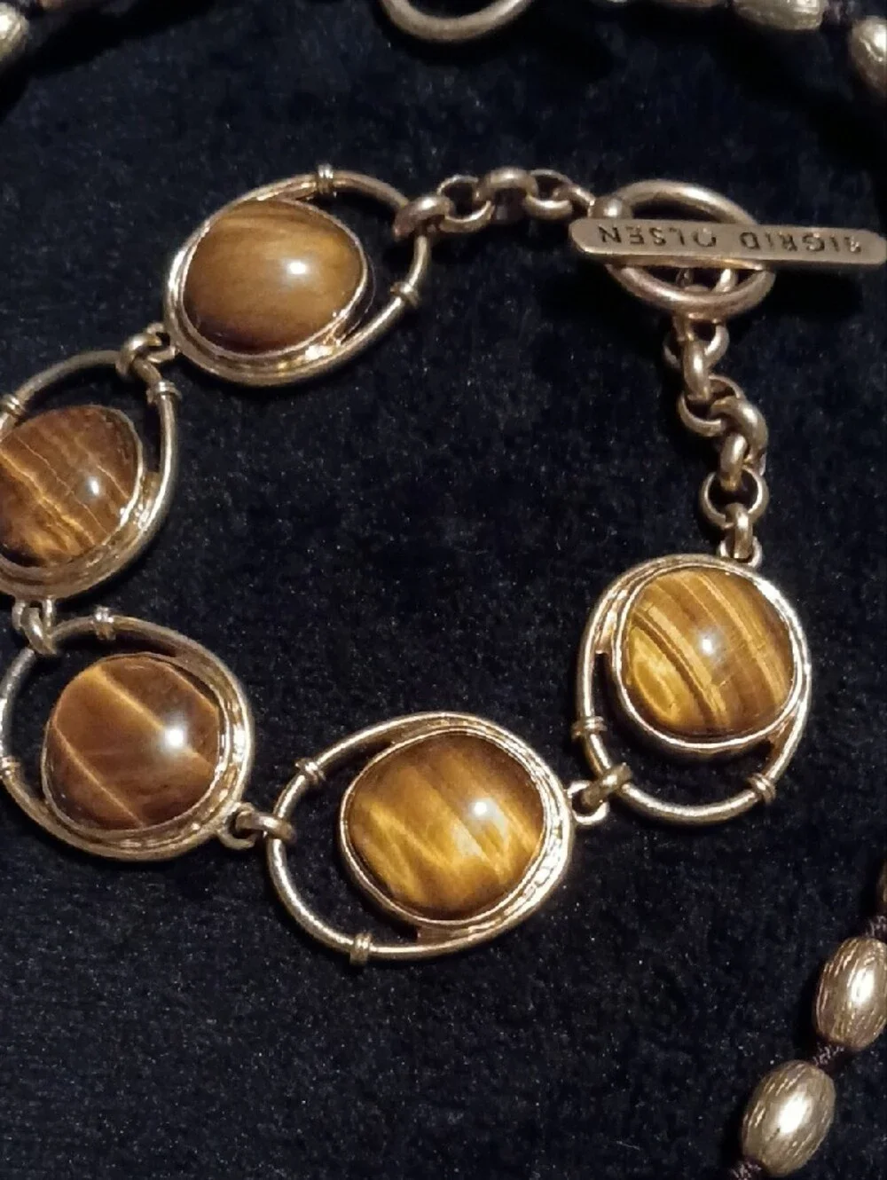 Signed Sigrid Olsen Tiger Eye Bead Necklace Tone Cutwork Penda Bracelet Set